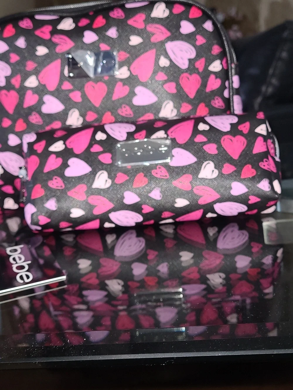 bebe Pink Heart Print Cosmetic Bag Set